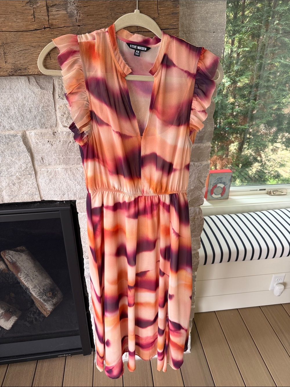 Steve Madden Peach and Plum Watercolor Ruffle Midi Dress